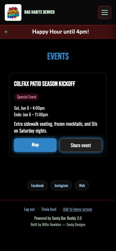 Events screen from demo venue