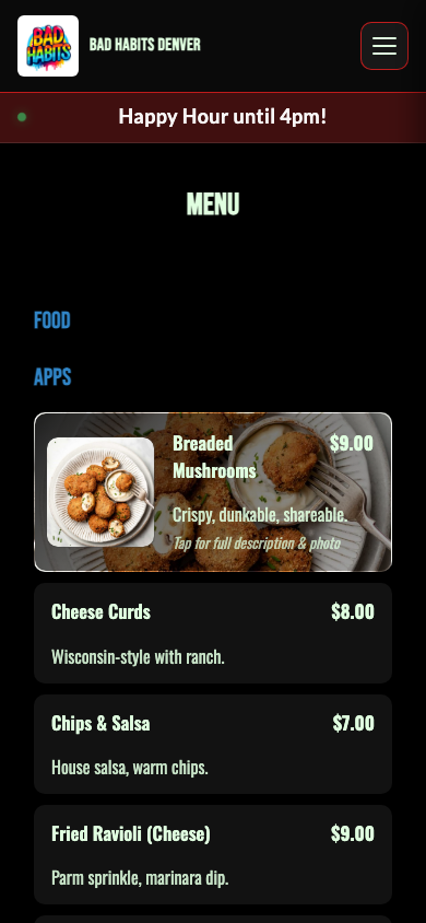 Menu screen from demo venue